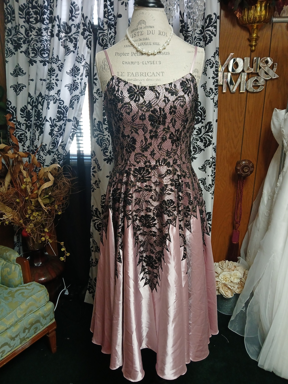 Sue Wong Pink Satin Dress with Black Lace Overlay